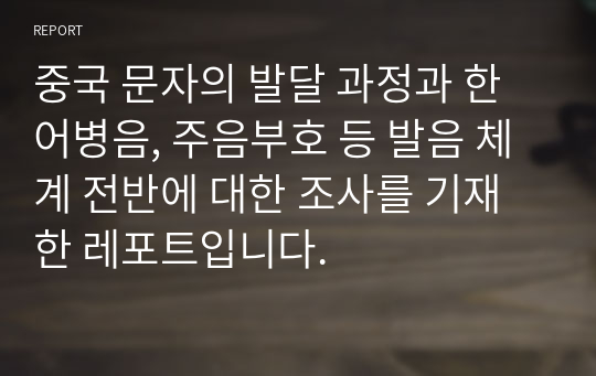 중국 문자의 발달 과정과 한어병음, 주음부호 등 발음 체계 전반에 대한 조사를 기재한 레포트입니다.