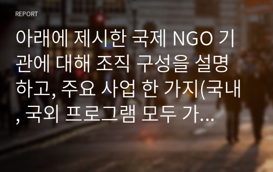 아래에 제시한 국제 NGO 기관에 대해 조직 구성을 설명하고, 주요 사업 한 가지(국내, 국외 프로그램 모두 가능)을 분석하시오.