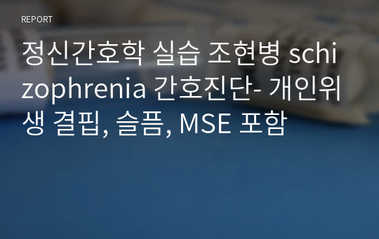 정신간호학 실습 조현병 schizophrenia 간호진단- 개인위생 결핍, 슬픔, MSE 포함