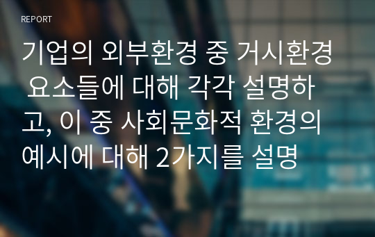 기업의 외부환경 중 거시환경 요소들에 대해 각각 설명하고, 이 중 사회문화적 환경의 예시에 대해 2가지를 설명