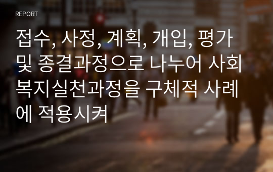 접수, 사정, 계획, 개입, 평가 및 종결과정으로 나누어 사회복지실천과정을 구체적 사례에 적용시켜