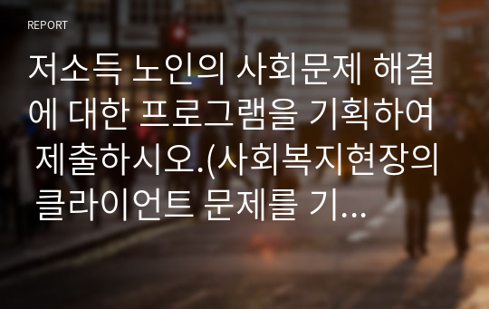 저소득 노인의 사회문제 해결에 대한 프로그램을 기획하여 제출하시오.(사회복지현장의 클라이언트 문제를 기술하고, 프로그램의 필요성과 문제의 해결방안