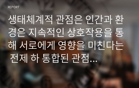 생태체계적 관점은 인간과 환경은 지속적인 상호작용을 통해 서로에게 영향을 미친다는 전제 하 통합된 관점을 말한다