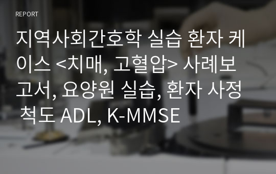 지역사회간호학 실습 환자 케이스 &lt;치매, 고혈압&gt; 사례보고서, 요양원 실습, 환자 사정 척도 ADL, K-MMSE