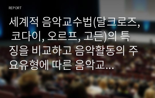 세계적 음악교수법(달크로즈, 코다이, 오르프, 고든)의 특징을 비교하고 음악활동의 주요유형에 따른 음악교수법의 적용방안과 국내 아동음악교육 적용의 한계와 적용방안을 본인의 의견으로 제안하십시오.