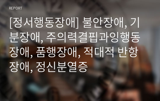 [정서행동장애] 불안장애, 기분장애, 주의력결핍과잉행동장애, 품행장애, 적대적 반항장애, 정신분열증