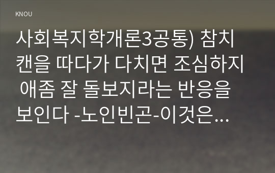 사회복지학개론3공통) 참치캔을 따다가 다치면 조심하지 애좀 잘 돌보지라는 반응을 보인다 -노인빈곤-이것은 개인과 가족의 부주의함을 탓하는 태도이다 두 관점에서 서술하시오00