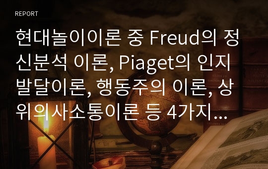 현대놀이이론 중 Freud의 정신분석 이론, Piaget의 인지발달이론, 행동주의 이론, 상위의사소통이론 등 4가지에 대한 각각의 핵심개념을 정리하고, 각 이론이 지니는 시사점을 제시해 보세요.