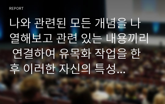 나와 관련된 모든 개념을 나열해보고 관련 있는 내용끼리 연결하여 유목화 작업을 한 후 이러한 자신의 특성이 보육실 운영과 바람직한 교사상을 형성하는데 어떠한 영향을 미칠 수 있는지를 자신의 입장에서 작성하기