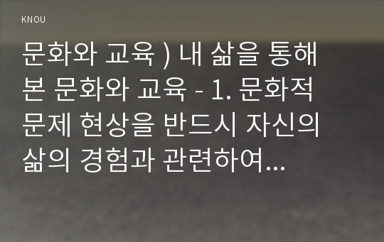 문화와 교육 ) 내 삶을 통해 본 문화와 교육 - 1. 문화적 문제 현상을 반드시 자신의 삶의 경험과 관련하여 구체적으로 생생하게 기술