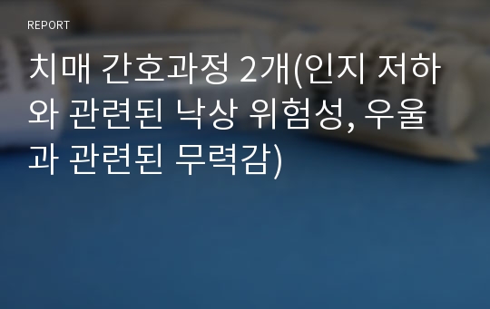 치매 간호과정 2개(인지 저하와 관련된 낙상 위험성, 우울과 관련된 무력감)