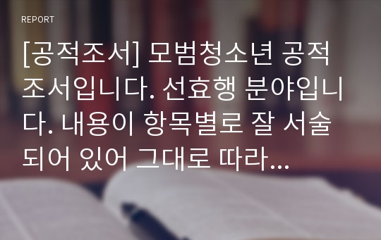 [공적조서] 모범청소년 공적조서입니다. 선효행 분야입니다. 내용이 항목별로 잘 서술되어 있어 그대로 따라하면 누구라도 쉽게 작성할 수 있습니다.