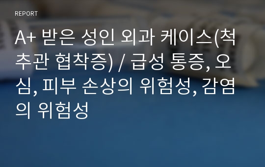 A+ 받은 성인 외과 케이스(척추관 협착증) / 급성 통증, 오심, 피부 손상의 위험성, 감염의 위험성