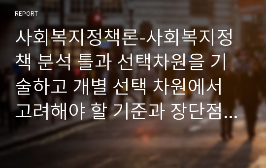 사회복지정책론-사회복지정책 분석 틀과 선택차원을 기술하고 개별 선택 차원에서 고려해야 할 기준과 장단점, 원칙을 설명하시오