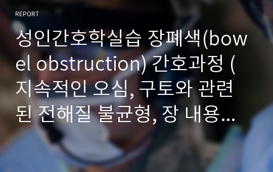 성인간호학실습 장폐색(bowel obstruction) 간호과정 (지속적인 오심, 구토와 관련된 전해질 불균형, 장 내용물 정체와 관련된 급성통증)