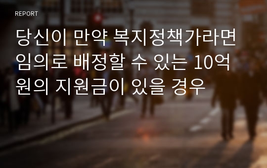 당신이 만약 복지정책가라면 임의로 배정할 수 있는 10억원의 지원금이 있을 경우