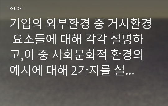 기업의 외부환경 중 거시환경 요소들에 대해 각각 설명하고,이 중 사회문화적 환경의 예시에 대해 2가지를 설명하시오