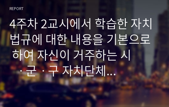 4주차 2교시에서 학습한 자치법규에 대한 내용을 기본으로 하여 자신이 거주하는 시       ㆍ군ㆍ구 자치단체에서 제정되어 현재 시행되거나 시행 예정인 사회복지관련 조례를         하나만 선택하여 내용을 간략히 기술하고 조례의 문제점과 개선방안 등에 대해 본인의 의견을 제시합니다. 