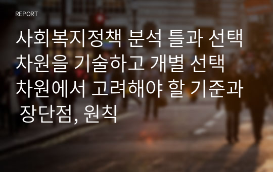 사회복지정책 분석 틀과 선택차원을 기술하고 개별 선택 차원에서 고려해야 할 기준과 장단점, 원칙