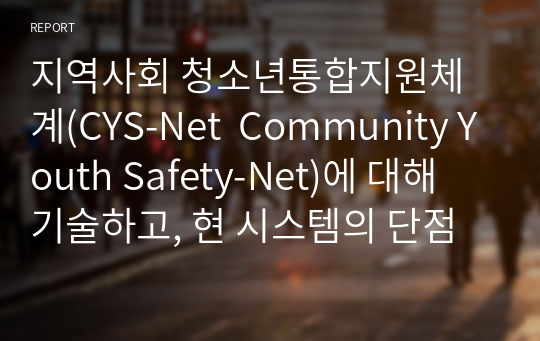 지역사회 청소년통합지원체계(CYS-Net  Community Youth Safety-Net)에 대해 기술하고, 현 시스템의 단점과 그에 대한 개선방안