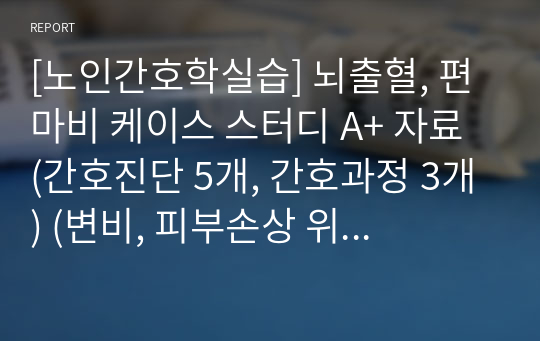 [노인간호학실습] 뇌출혈, 편마비 케이스 스터디 A+ 자료 (간호진단 5개, 간호과정 3개) (변비, 피부손상 위험성, 낙상 위험성, 자가간호결핍, 상황적 자긍심 저하)