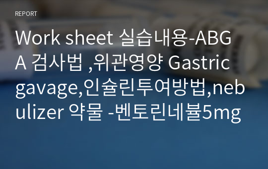 Work sheet 실습내용-ABGA 검사법 ,위관영양 Gastric gavage,인슐린투여방법,nebulizer 약물 -벤토린네뷸5mg