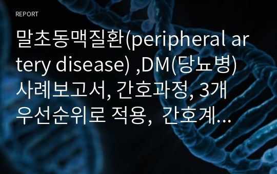 말초동맥질환(peripheral artery disease) ,DM(당뇨병) 사례보고서, 간호과정, 3개 우선순위로 적용,  간호계획, 간호진단 10개 이상