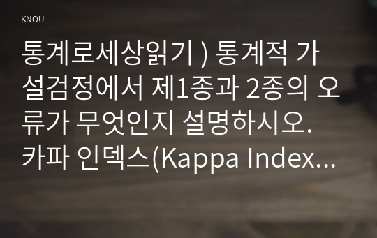 통계로세상읽기 ) 통계적 가설검정에서 제1종과 2종의 오류가 무엇인지 설명하시오. 카파 인덱스(Kappa Index)가 무엇인지 간단한 예를 들어 설명하시오.