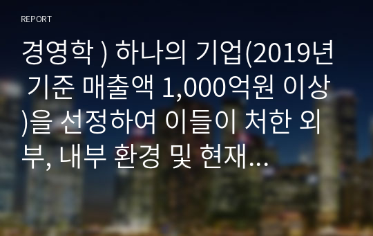 경영학 ) 하나의 기업(2019년 기준 매출액 1,000억원 이상)을 선정하여 이들이 처한 외부, 내부 환경 및 현재 전략을 분석한 후 전략적 대안을 제시하시오.