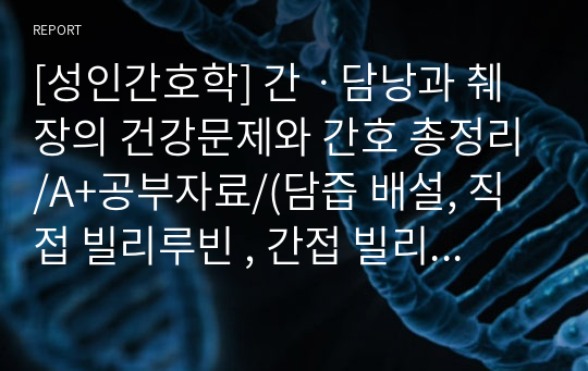 [성인간호학] 간ㆍ담낭과 췌장의 건강문제와 간호 총정리/A+공부자료/(담즙 배설, 직접 빌리루빈 , 간접 빌리루빈, 임상진단검사- 간, 담낭 및 췌장의 기능에 대한 혈액검사)퀴즈, 요약정리