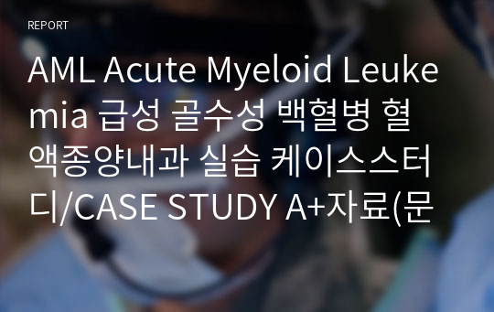 AML Acute Myeloid Leukemia 급성 골수성 백혈병 혈액종양내과 실습 케이스스터디/CASE STUDY A+자료(문헌고찰, 간호사정, 검사, 약물, 간호문제 및 간호과정 포함) &lt;간호문제 - 고체온, 급성 통증, 감염, 신체손상 위험성, 출혈 위험성, 안위장애, 사회적 고립, 지식부족 &gt;&lt;간호진단 - 고체온&gt;