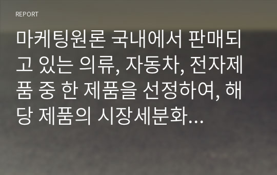 마케팅원론 국내에서 판매되고 있는 의류, 자동차, 전자제품 중 한 제품을 선정하여, 해당 제품의 시장세분화, 표적시장 선정, 포지셔닝을 각 단계별로 설명하시오.