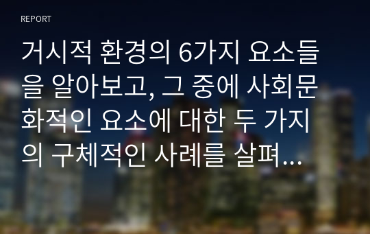 거시적 환경의 6가지 요소들을 알아보고, 그 중에 사회문화적인 요소에 대한 두 가지의 구체적인 사례를 살펴보고자 한다.