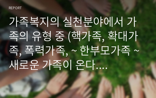 가족복지의 실천분야에서 가족의 유형 중 (핵가족, 확대가족, 폭력가족, ~ 한부모가족 ~새로운 가족이 온다. 등)하나를 선택하여 알아보고, 현재 자신의 가족 유형은 어떠하며, 문제점이 무엇인지에 대해 작성하세요.