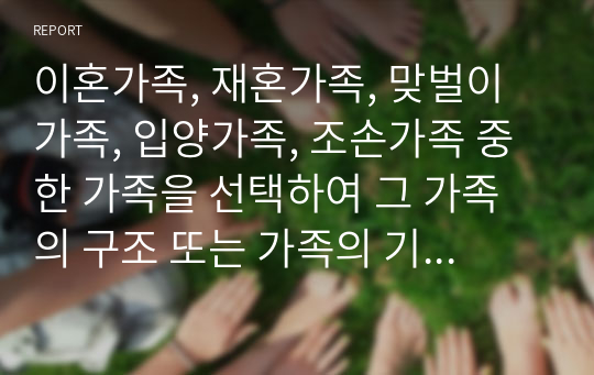 이혼가족, 재혼가족, 맞벌이가족, 입양가족, 조손가족 중 한 가족을 선택하여 그 가족의 구조 또는 가족의 기능의 변화에