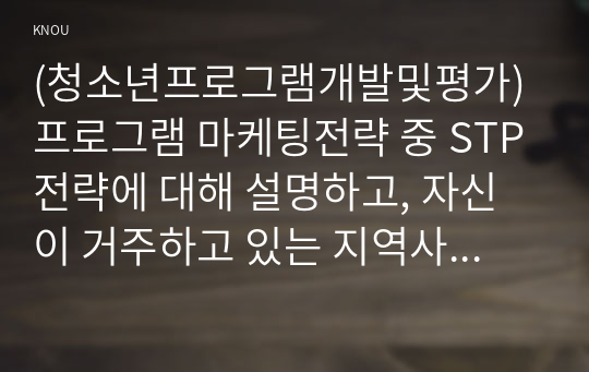 (청소년프로그램개발및평가) 프로그램 마케팅전략 중 STP전략에 대해 설명하고, 자신이 거주하고 있는 지역사회에서 STP 전략을 활용하여 청소년프로그램에