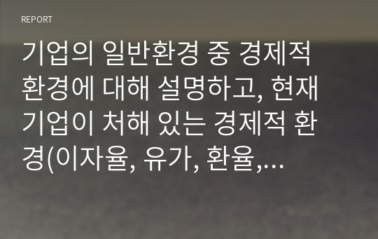 기업의 일반환경 중 경제적 환경에 대해 설명하고, 현재기업이 처해 있는 경제적 환경(이자율, 유가, 환율, 물가 등)에 대해 사례와 함께 설명하시오.