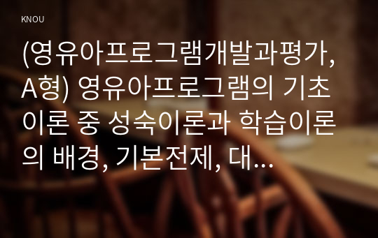 (영유아프로그램개발과평가, A형) 영유아프로그램의 기초이론 중 성숙이론과 학습이론의 배경, 기본전제, 대표적 이론가에 대해 설명하고, 두 이론의 주장을 비교하여 논하시오.