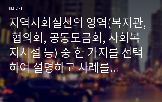 지역사회실천의 영역(복지관, 협의회, 공동모금회, 사회복지시설 등) 중 한 가지를 선택하여 설명하고 사례를 들어 문제점을 제시하시오