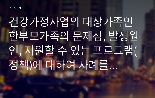 건강가정사업의 대상가족인 한부모가족의 문제점, 발생원인, 지원할 수 있는 프로그램(정책)에 대하여 사례를 들어 논하시오.