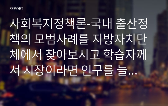 사회복지정책론-국내 출산정책의 모범사례를 지방자치단체에서 찾아보시고 학습자께서 시장이라면 인구를 늘리기 위해서 어떠한 정책을 시행할지 자유롭게 서술하십시오1