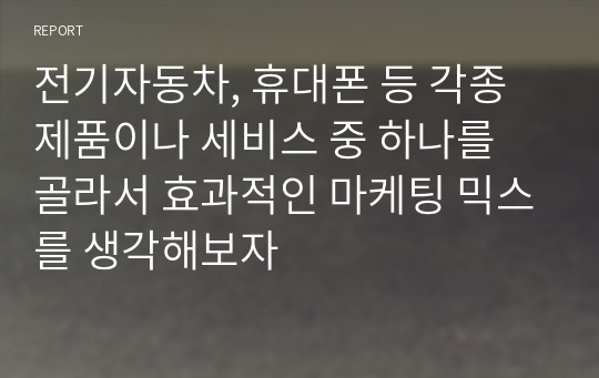 전기자동차, 휴대폰 등 각종 제품이나 세비스 중 하나를 골라서 효과적인 마케팅 믹스를 생각해보자