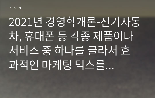 2021년 경영학개론-전기자동차, 휴대폰 등 각종 제품이나 서비스 중 하나를 골라서 효과적인 마케팅 믹스를 생각해보자 (2)