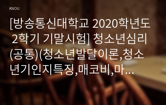 [방송통신대학교 2020학년도 2학기 기말시험] 청소년심리(공통)(청소년발달이론,청소년기인지특징,매코비,마틴,양육방식)