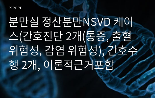 분만실 정산분만NSVD 케이스(간호진단 2개(통증, 출혈 위험성, 감염 위험성), 간호수행 2개, 이론적근거포함