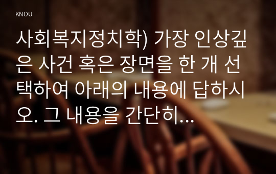 사회복지정치학) 가장 인상깊은 사건 혹은 장면을 한 개 선택하여 아래의 내용에 답하시오. 그 내용을 간단히 요약하시오. 이것이 왜 본인에게 인상깊었는지를 서술하시오. 사회복지와 인권의 연관성에 대해서 서술하시오.