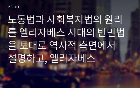 노동법과 사회복지법의 원리를 엘리자베스 시대의 빈민법을 토대로 역사적 측면에서 설명하고, 엘리자베스