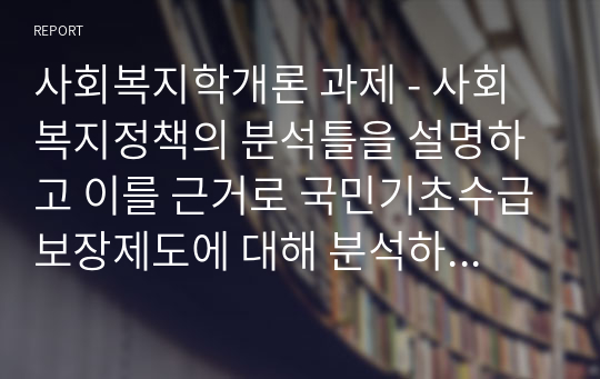 사회복지학개론 과제 - 사회복지정책의 분석틀을 설명하고 이를 근거로 국민기초수급보장제도에 대해 분석하고 개선점을 제시하세요.