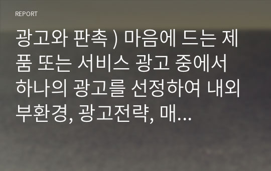 광고와 판촉 ) 마음에 드는 제품 또는 서비스 광고 중에서 하나의 광고를 선정하여 내외부환경, 광고전략, 매체전략, 광고캠페인 성과에 대해 조사하시오.