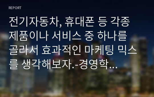 전기자동차, 휴대폰 등 각종 제품이나 서비스 중 하나를 골라서 효과적인 마케팅 믹스를 생각해보자.-경영학개론 과제